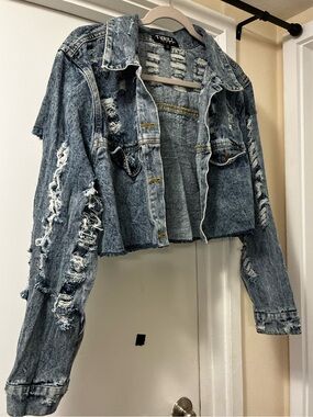 Ripped Distressed Cropped Denim Jean Jacket Streetwear